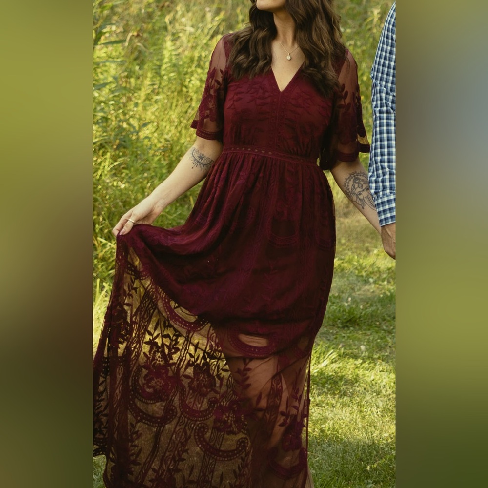 Altar'd State Deep Red Lace Maxi Dress